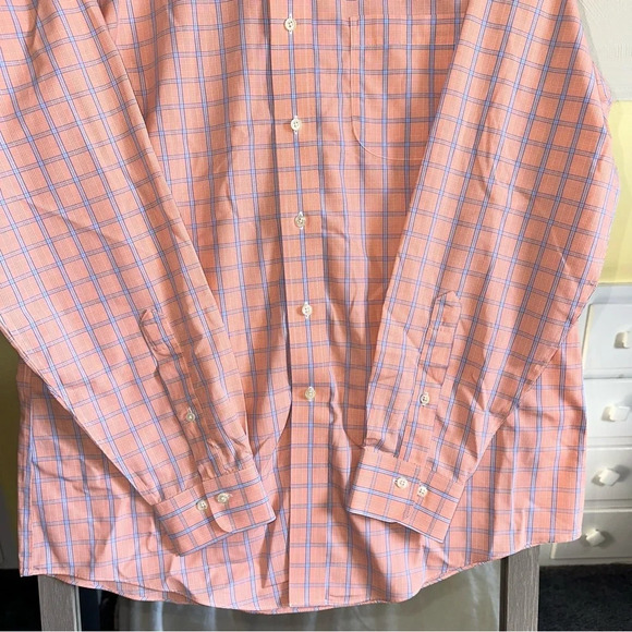 Brooks Brothers 346 Men’s Button Up Dress Shirt Orange‎ Blue Checkered Cotton - Picture 2 of 11